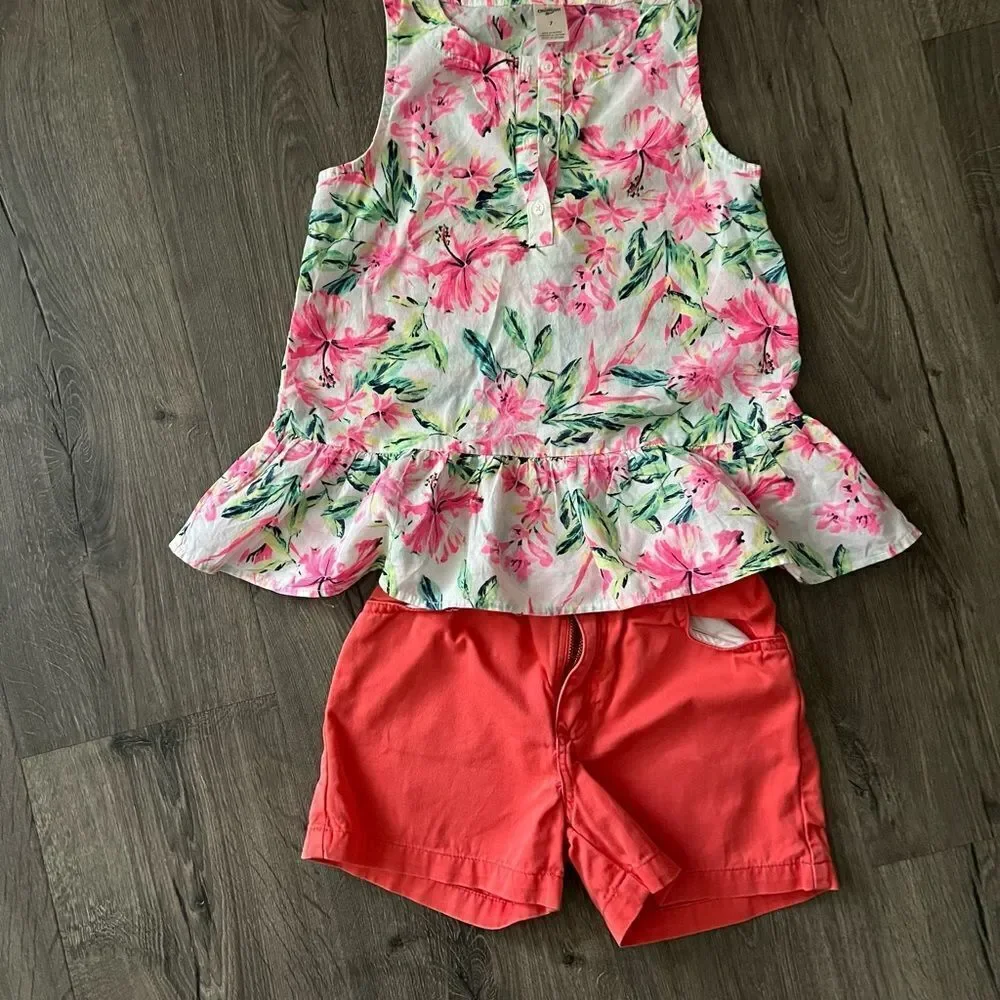 OSHKOSH FLORAL PINK PRINT PEPLUM TANK and short size 7